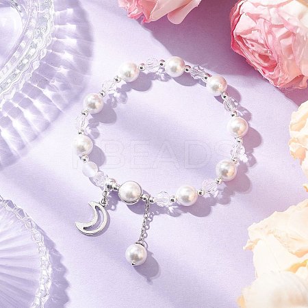Shell Pearl & Glass Round Beaded Bracelets BJEW-JB11857-02-1