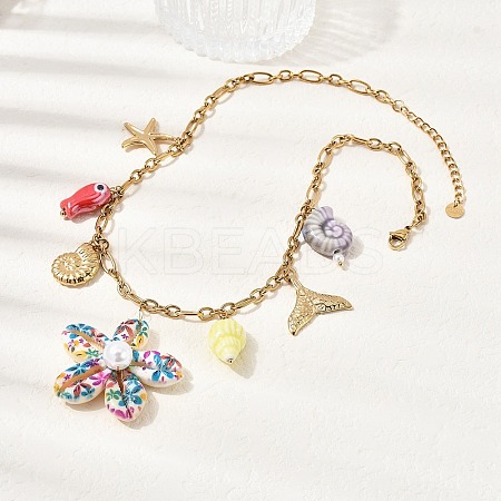 Printed Natural Cowrie Shell Colorful Flower & Ceramics Shell Shape Fish Pendant 304 Stainless Steel Chain Bib Necklaces for Women NJEW-A063-03G-1