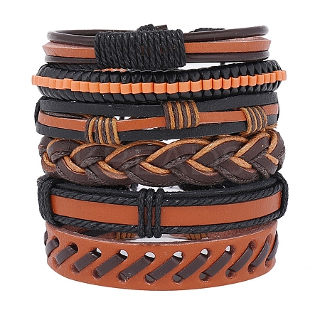 5Pcs 5 Style Adjustable Braided Imitation Leather Cord Bracelet Set with Waxed Cord for Men BJEW-F458-03-1