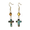 Cross Natural Amber & Abalone Shell/Paua Shell Dangle Earrings EJEW-JE07359-3