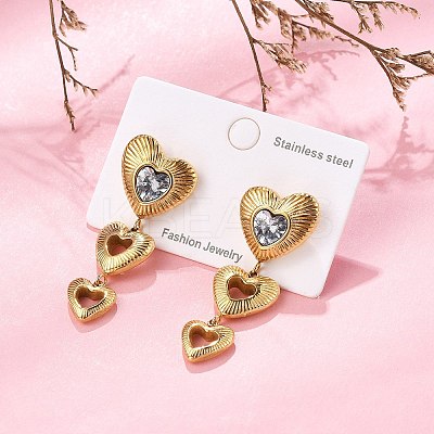 Heart 304 Stainless Steel Clear Cubic Zirconia  Dangle Stud Earrings EJEW-D319-17G-1