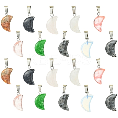 10Pcs Moon Natural & Synthetic Mixed Gemstone Pendants G-YW0002-21-1