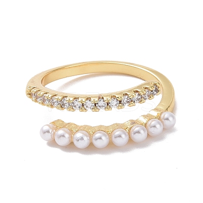 Clear Cubic Zirconia Open Cuff Ring with Acrylic Pearl Beaded RJEW-P032-15G-1