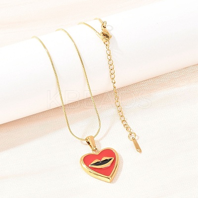 304 Stainless Steel Enamel Red Heart with Lip Pendant Necklaces NJEW-H088-03G-1
