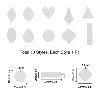 10Pcs 10 Style 304 Stainless Steel Pendants STAS-SC0002-45P-1