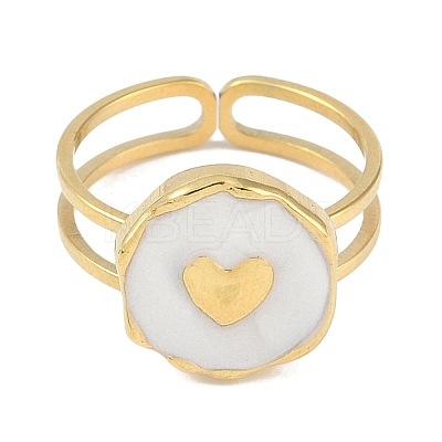 Ion Plating(IP) 304 Stainless Steel Enamel Flat Round with Heart Cuff Finger Rings RJEW-L107-073G-01-1