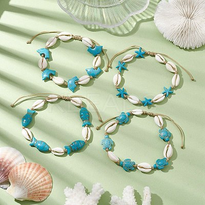 Natural Mixed Cowrie Shell with Synthetic Turquoise Beaded Anklets AJEW-AN00596-1