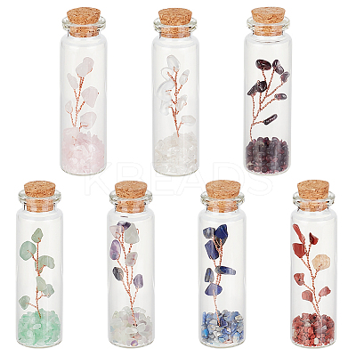 7Pcs 7 Style Natural Jade & Garnet & Lapis Lazuli & Quartz Crystal & Green Aventurine & Rose Quartz & Fluorite Chips Bonsai Tree in Column Glass Wish Bottles AJEW-OC0004-43-1