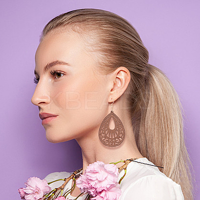 4 Pairs 4 Styles Natural Wood Hollow Out Teardrop Dangle Earrings EJEW-AN0003-55-1
