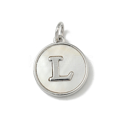 Brass Pave Natural Shell Flat Round with Letter Charms KK-Z115-13P-L-1