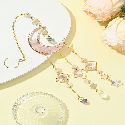 Natural  Rose Quartz Chips Moon Pendant Decorations HJEW-FS00027-04-1