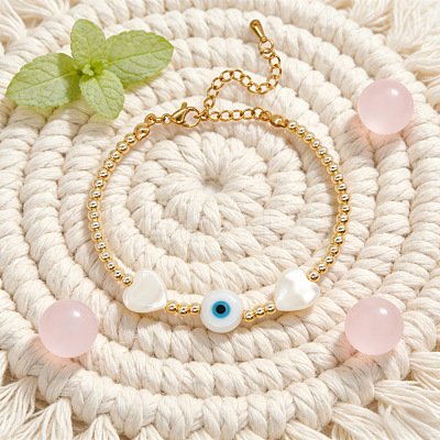 Summer Natural Shell Heart & Evil Eye & Brass Round Beaded Bracelets with Stainless Steel Chains NH4059-1