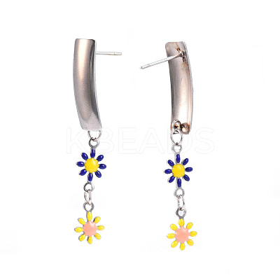 Rectangle with Flower Enamel Long Dangle Stud Earrings EJEW-N049-06A-1