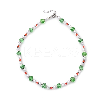 Christmas Theme Faceted Rondelle Glass & White Round ABS Plastic Imitation Pearl Beaded Necklaces for Women NJEW-JN05464-01-1