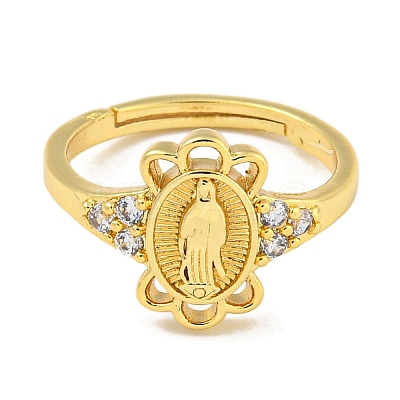 Oval with Saint Rack Plating Brass Micro Pave Cubic Zirconia Adjustable Rings RJEW-I105-04G-05-1
