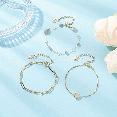 304 Stainless Steel Heart & Natural Labradorite Nuggets Link Chain 3 Layer Stackable Necklaces BJEW-JB12459-02-1