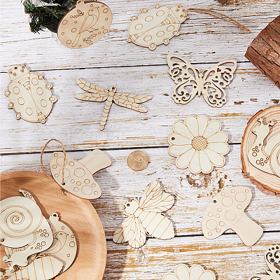 40 Sets 8 Style Unfinished Wood Pendant Decorations WOOD-GF0001-82-1