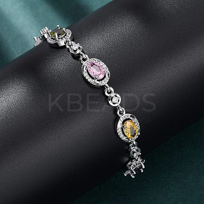 Oval Brass Micro Pave Cubic Zirconia Link Chain Bracelets for Women BJEW-D387-04P-06-1
