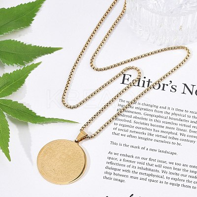 201 Stainless Steel Religion Flat Round Pendant Box Chain Necklaces for Women Men LS-NJEW-R013-08G-1