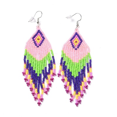 Glass Seed Braided Rhombus with Tassel Chandelier Earrings EJEW-H084-04P-1
