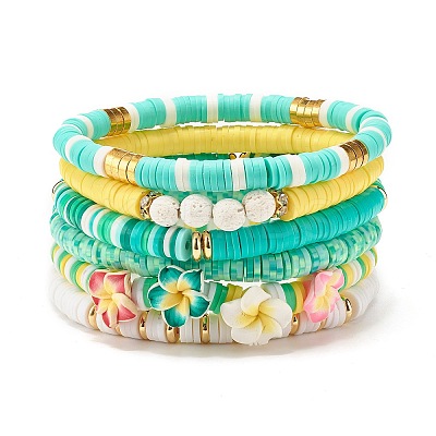 6Pcs 6 Style Natural Lava Rock & Polymer Clay Heishi Surfer Stretch Bracelets Set BJEW-SZ0002-24-1