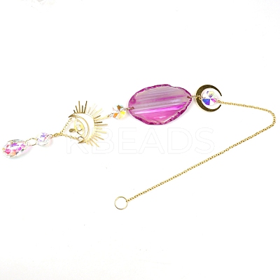 Natural Agate Piece & Metal Evil Eye Moon Hanging Ornaments PW-WG66301-02-1