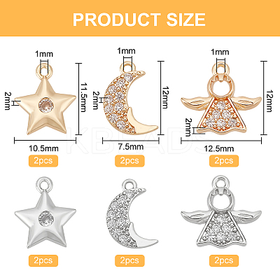 12Pcs 6 Style Rack Plating Brass Micro Pave Clear Cubic Zirconia Charms KK-BC0009-92-1