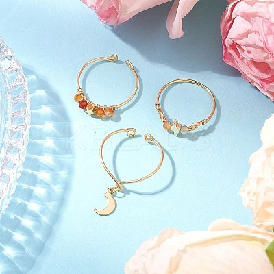 3Pcs Copper Wire Wrapped Gemstone Faceted Round Bead Finger Rings for Women RJEW-JR00887-1