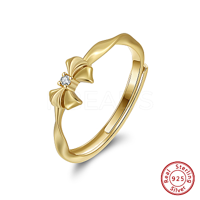 Bowknot 925 Sterling Silver Micro Pave Clear Cubic Zirconia Adjustable Rings for Women STER-P065-18G-1