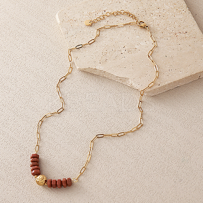Synthetic Goldstone Hexagon Heishi Beads & 304 Stainless Steel Paperclip Chain Necklaces for Women SG1071-2-1