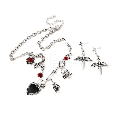 Halloween Tibetan Style Alloy Pendant Necklaces & Dangle Stud Earring Sets LS-SJEW-P006-01AS-1