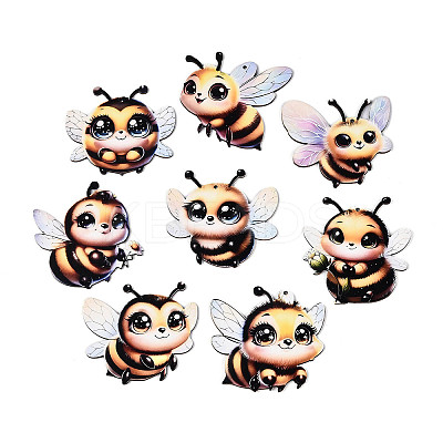 8Pcs UV Single Face Printed Wood Bees Pendant Decorations WOOD-N020-10-1