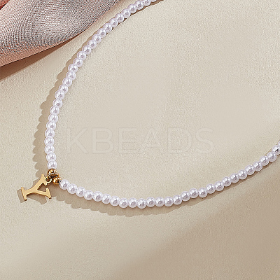 Imitation Pearl with Stainless Steel Pendants Necklaces NJEW-LP0001-51Y-G-1