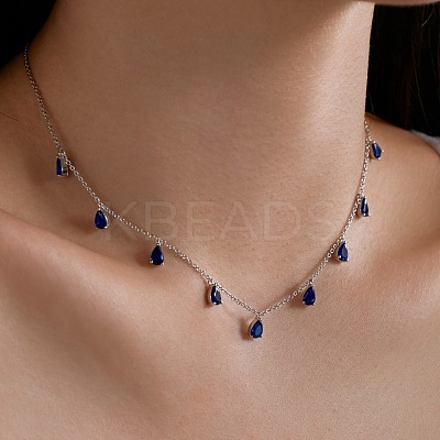 Rhodium Plated 925 Sterling Silver Pave Blue Cubic Zirconia Cable Chain Teardrop Tassel Necklaces for Women NJEW-Q342-14P-1