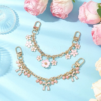2Pcs 2 Styles Alloy Pink Enamel Flower Bowknot Pendant Cable Chain Purse Decorative Chains AJEW-BA00148-1