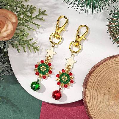 Christmas Wreath Glass Seed Pendant Decorations with Bell HJEW-MZ00077-1