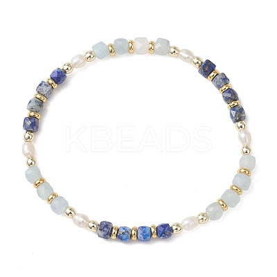 Natural Aquamarine & Natural Lapis Lazuli Cube Beaded Stretch Bracelets for Women BJEW-JB13390-03-1