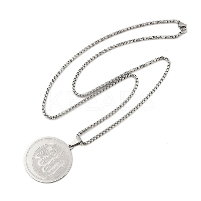 201 Stainless Steel Flat Round with Arabic Pendant Box Chain Necklaces for Women Men LS-NJEW-R013-03P-1