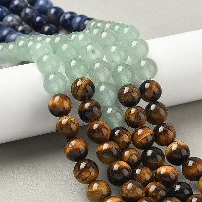 Chakra Natural Red Jasper & Yellow Jade & Green Aventurine & Tiger Eye & Sodalite & Amethyst Beads Strands X-G-NH0002-E02-8mm-1