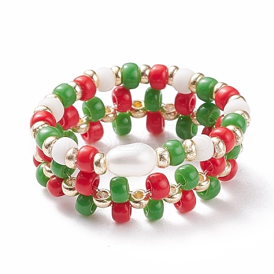 2Pcs 2 Style Shell Pearl & Glass Seed & Brass Braided Rings RJEW-TA00030-1