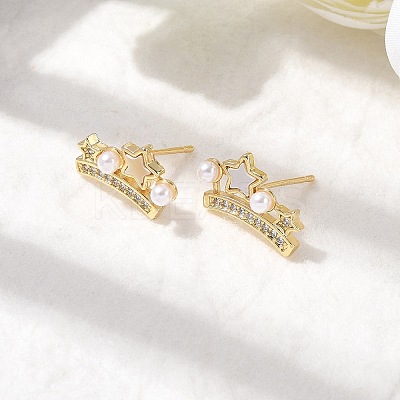 Brass Micro Pave Clear Cubic Zirconia Crown Stud Earrings EJEW-K318-02G-1