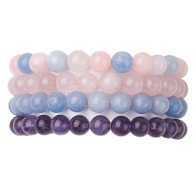 4Pcs Constellation 8mm Round Natural Amethyst & Rose Quartz & White Jade Imitation Aquamarine & White Jade Imitation Morganite Beaded Stretch Bracelets for Women BJEW-JB10633-1