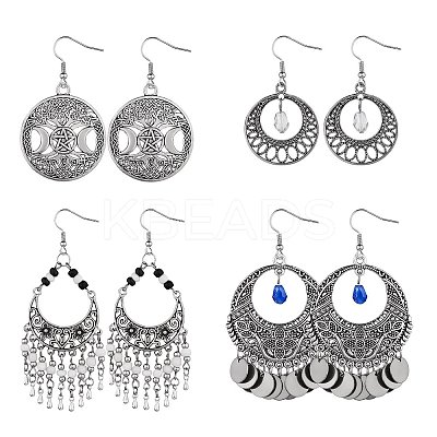 4Pair 4 Style Filigree Coin Dangle Earrings EJEW-SW00009-1