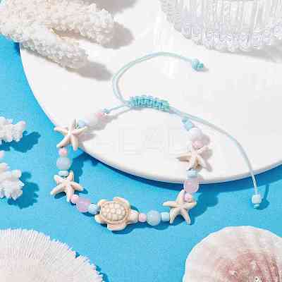 Starfish & Turtle Dyed Natural Malaysia Jade & Synthetic Turquoise Braided Bead Bracelet BJEW-JB09950-1