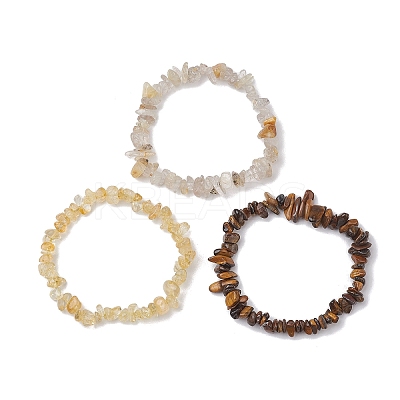 3Pcs Natural Citrine & Natural Tiger Eye & Natural Gold Rutilated Quartz Chip Beaded Stretch Bracelet Sets BJEW-JB10863-1