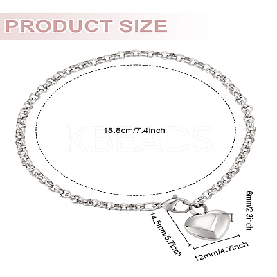 1Pc Heart 304 Stainless Steel Charm Bracelets BJEW-LP0001-14-1
