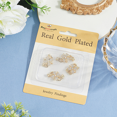 6 Sets Rack Plating Flower Brass Pave Clear Cubic Zirconia Fold Over Clasps KK-BBC0021-28-1