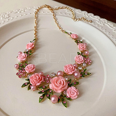 Spring Alloy Rhinestone & Plastic Pearl Rose Flower Garland Bib Necklaces for Women FS-WG9B03D-02-1