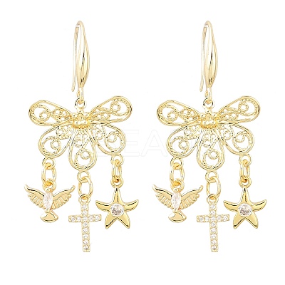 Cross with Bird & Starfish Brass Clear Cubic Zirconia Dangle Earrings EJEW-H182-01G-1