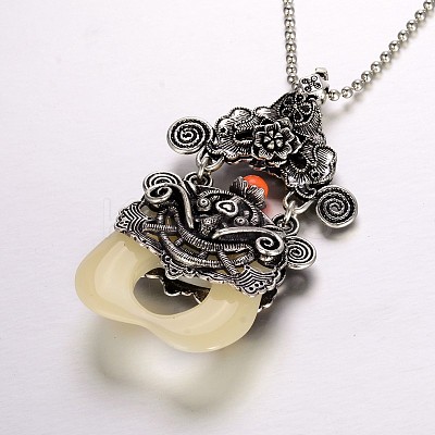 Antique Silver Plated Alloy Resin Pendant Necklaces NJEW-J031-02-1